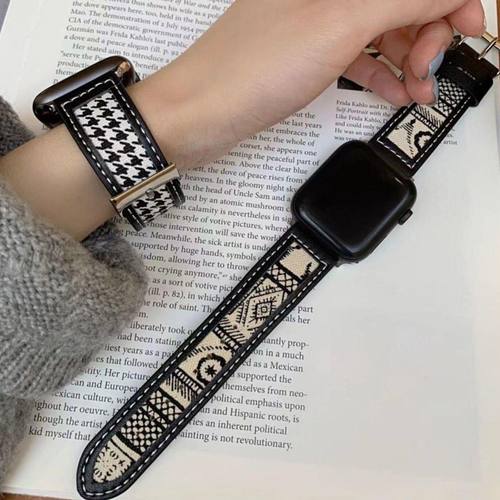 新款小众千鸟格真皮帆布表带