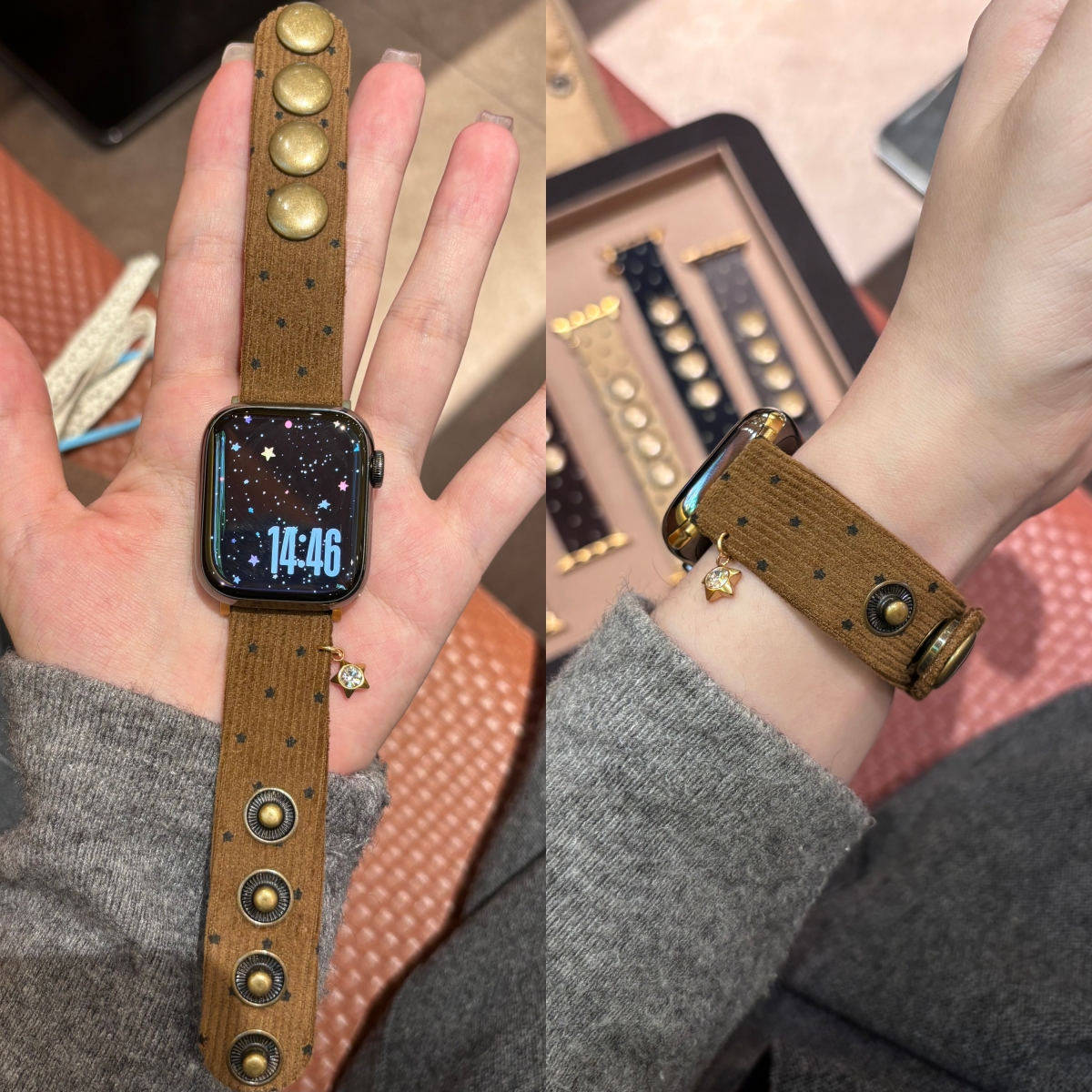 星星灯芯绒纽扣表带适用apple11代苹果S10iwatch9s876SE3小米9pro