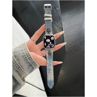 适用Applewatch9新款牛仔扎染S11表带苹果S10手表876华强北小众se
