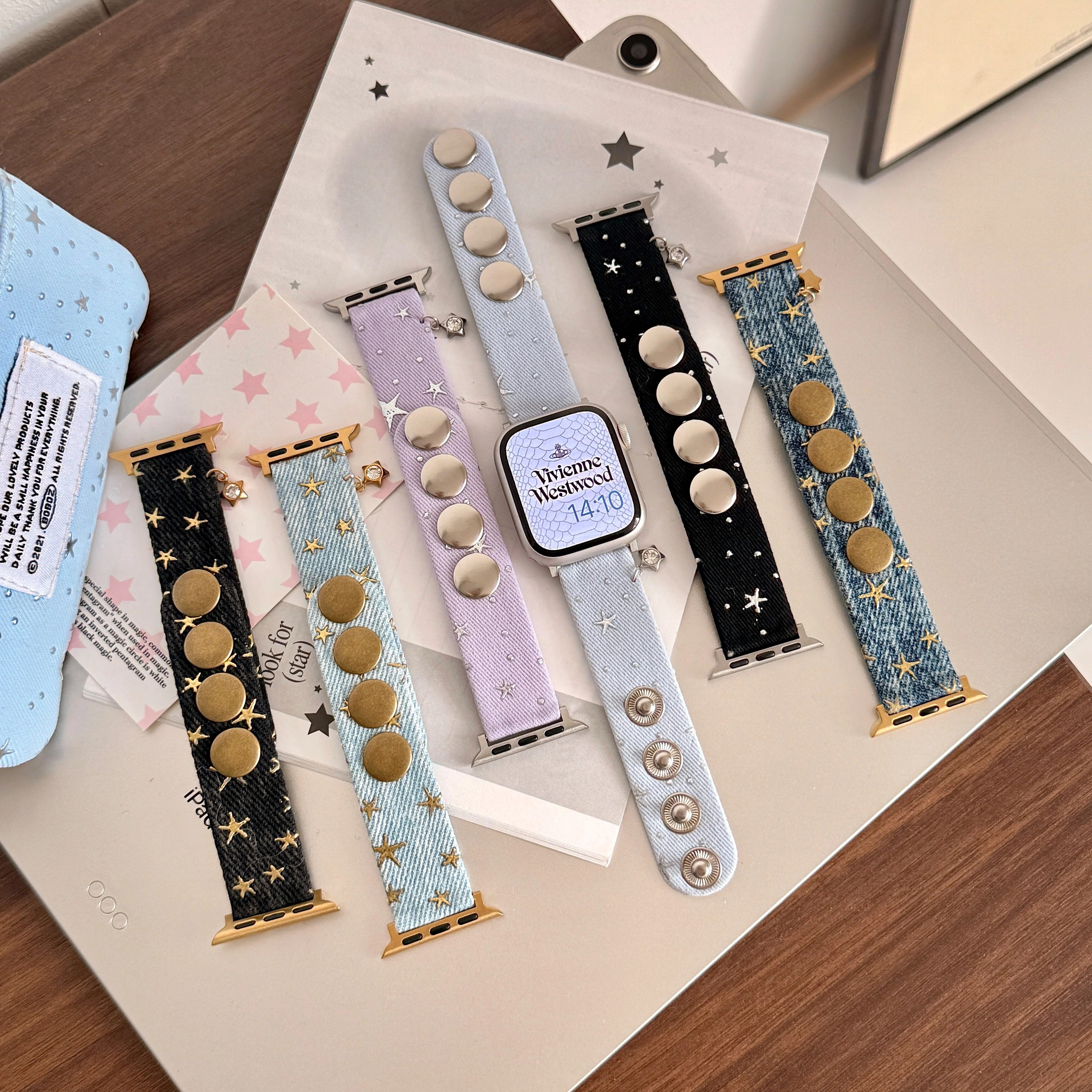 星星牛仔纽扣表带适用apple11代苹果S11iwatchs87654SE3小米10pro