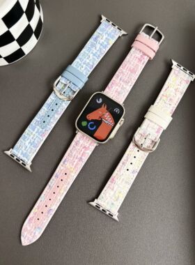 适用apple watch8手表带苹果Ultra76543SE2女生小香风真皮s9/s10