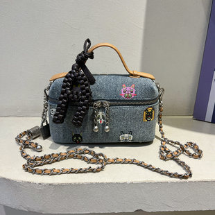 玛莎时尚印花牛仔布盒子包链条斜挎小包包女包2026春夏新款手提包