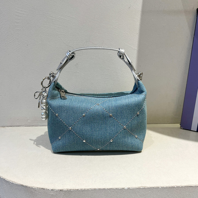 铆钉菱格牛仔布手提包链条斜挎包