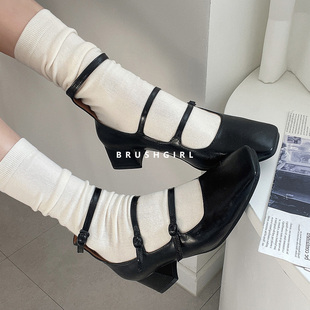 女 方头小银鞋 CHILIGIRL韩国东大门代购 复古中跟一字带玛丽珍单鞋