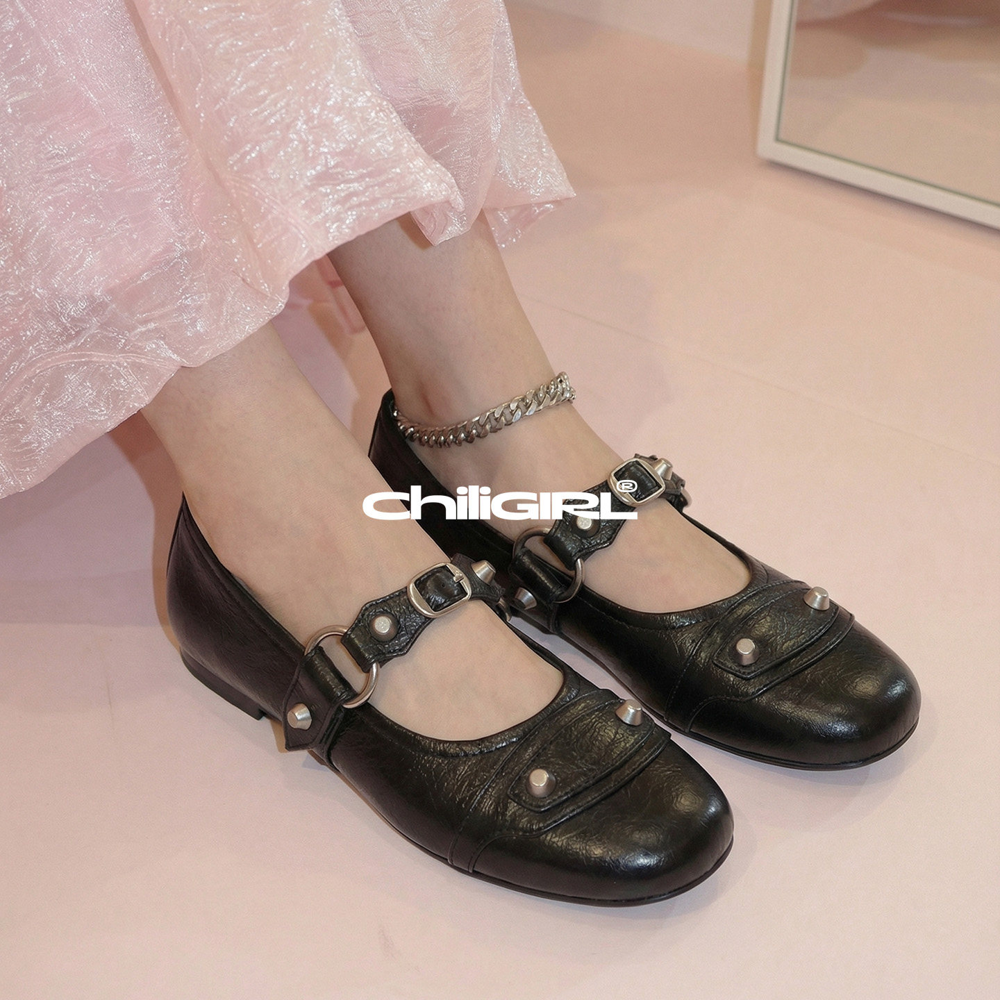 CHILIGIRL黑色真皮金属铆钉玛丽珍鞋女一字扣带浅口朋克风单鞋春,女鞋,玛丽珍鞋,淘宝优惠券,粉丝福利购,淘宝优惠卷