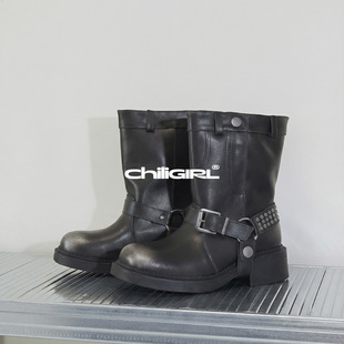 CHILIGIRL 韩国中筒靴女靴机车靴铆钉粗跟擦色做旧骑士短靴2025冬