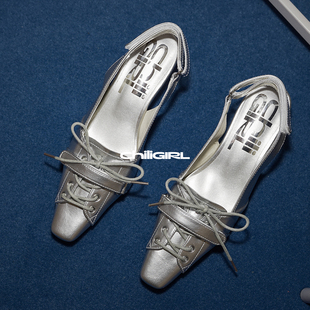 CHILIGIRL 银色尖头浅口单鞋 小猫跟 高跟鞋法式后绊带魔术贴凉鞋