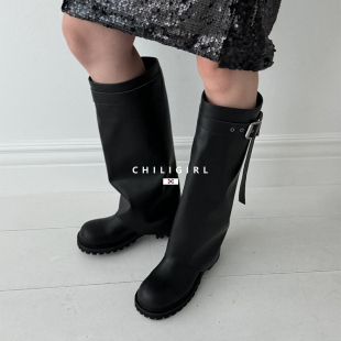 CHILIGIRL酷飒风女靴东大门大筒围直腿喇叭裤 管靴高跟及膝长筒靴