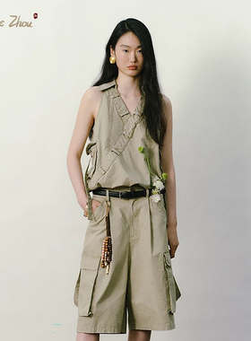 官方授权sennos zhouV腰设计感工装无袖翻领上衣夏季原创休闲背心