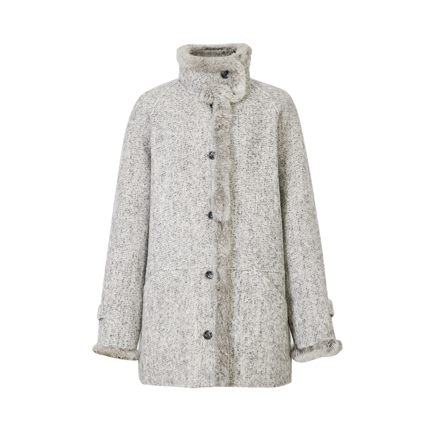 ELEI 25秋冬 羊毛羊驼立领兔毛拼接A版显瘦中长款双面呢大衣外套