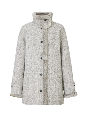 ELEI 25秋冬 羊毛羊驼立领兔毛拼接A版显瘦中长款双面呢大衣外套