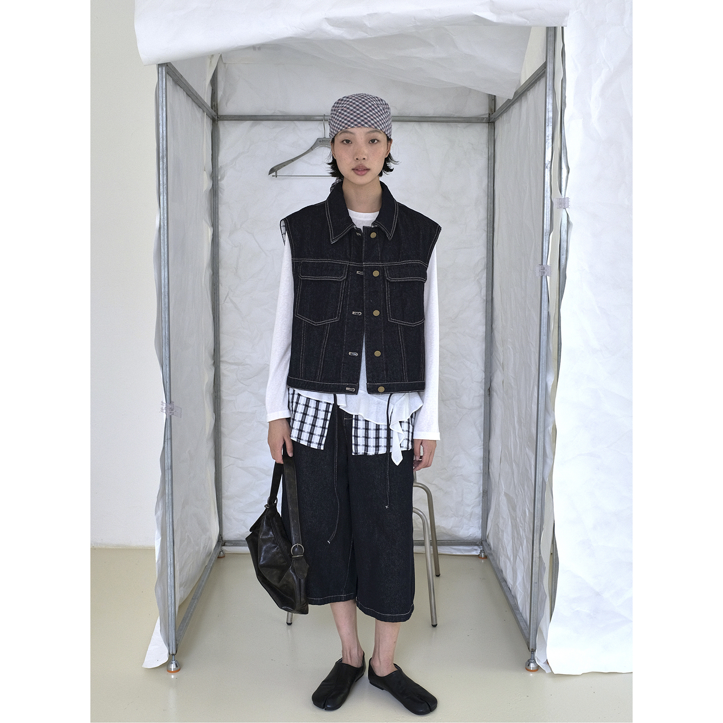 ELE1格纹拼接牛仔工装套装