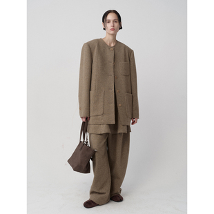 极简休闲长裤 100%羊毛双面呢解构弯刀阔腿裤 25冬 .e1设计师品牌