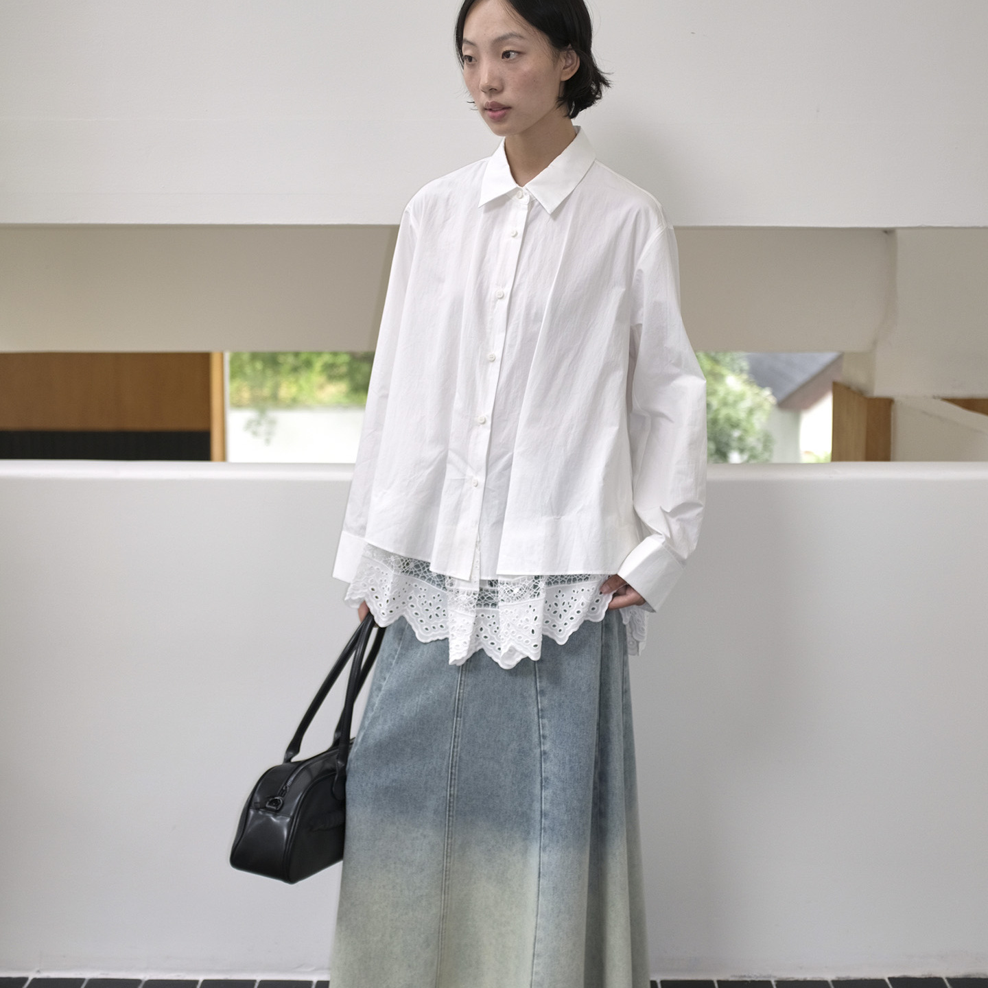 ELE1设计师品牌蕾丝边白色衬衫