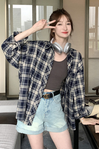 复古格子衬衫上衣女2024秋季新款韩系慵懒风宽松休闲小个子外套潮图片