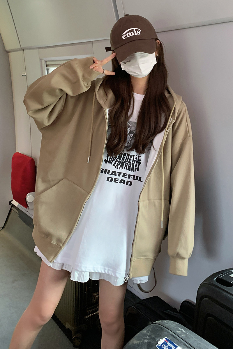 卡其色连帽开衫卫衣外套女2024春季新款韩版小个子慵懒风休闲上衣,女装卫衣/绒衫,2C037