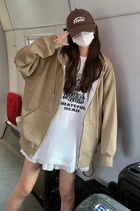 卡其色连帽开衫卫衣外套女2024春季新款韩版小个子慵懒风休闲上衣图片