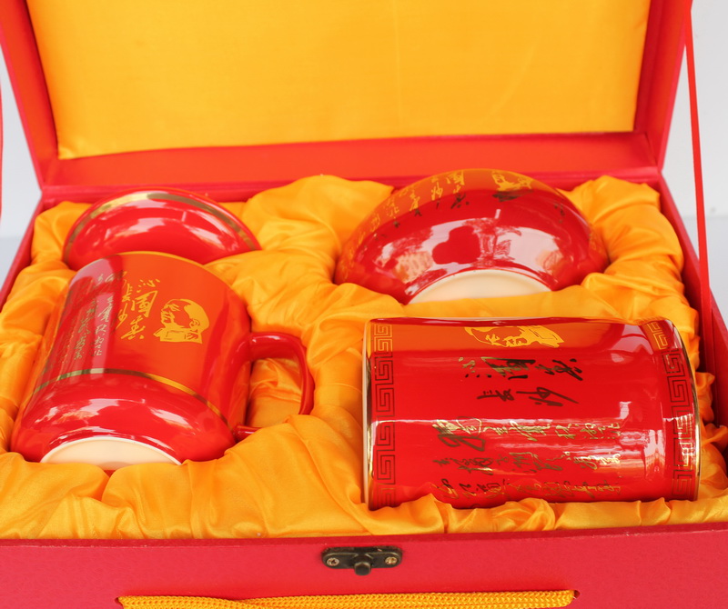 醴陵瓷器 中国红瓷 办公室 书房金典陶瓷装饰摆件 三件套工艺品