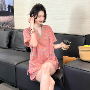 网红爆款网纱大码睡衣碎花甜美减龄宽松透气短袖短裤汗蒸服两件套