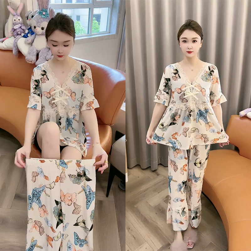 夏季薄款V领蕾丝拼接睡衣女大码宽松时尚洋气简约印花家居服套装