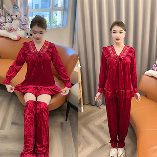 家居服 ins风洋气高级时尚 秋冬新款 金丝绒V领蕾丝花边睡衣女套装