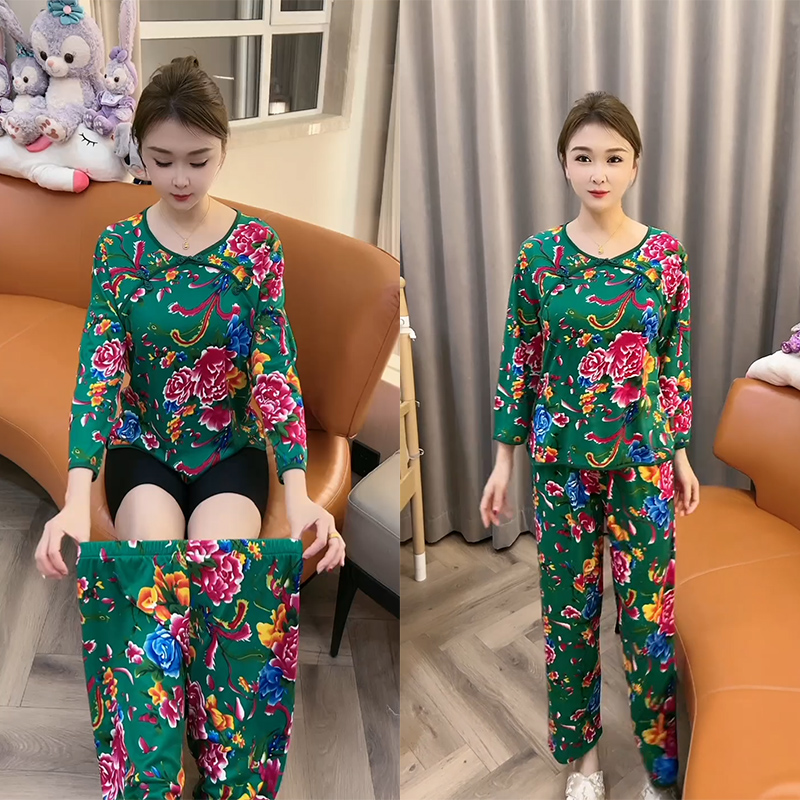 秋季新款国风东北大花大码睡衣女网红复古显瘦可外穿家居服套装