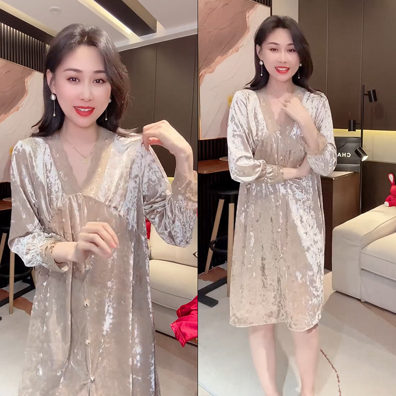 春秋新款蕾丝花边时尚家居服气质中长款睡裙宽松显瘦金丝绒睡衣女