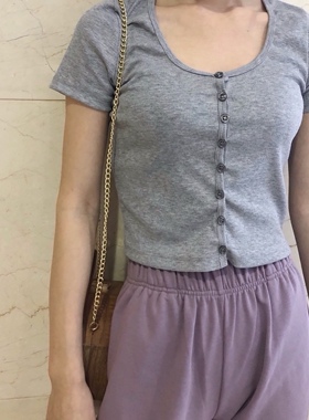 晚时光【秒杀】夏晚同款白色短袖螺纹圆领T恤 扣子可解开灰色