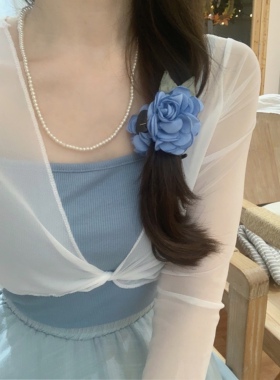 晚时光【秒杀】淡蓝色螺纹木耳边短吊带海边度假旅游吊带