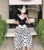 重工麻棉透气显瘦A裙 时髦百搭白色波点半身裙 晚时光 秒杀