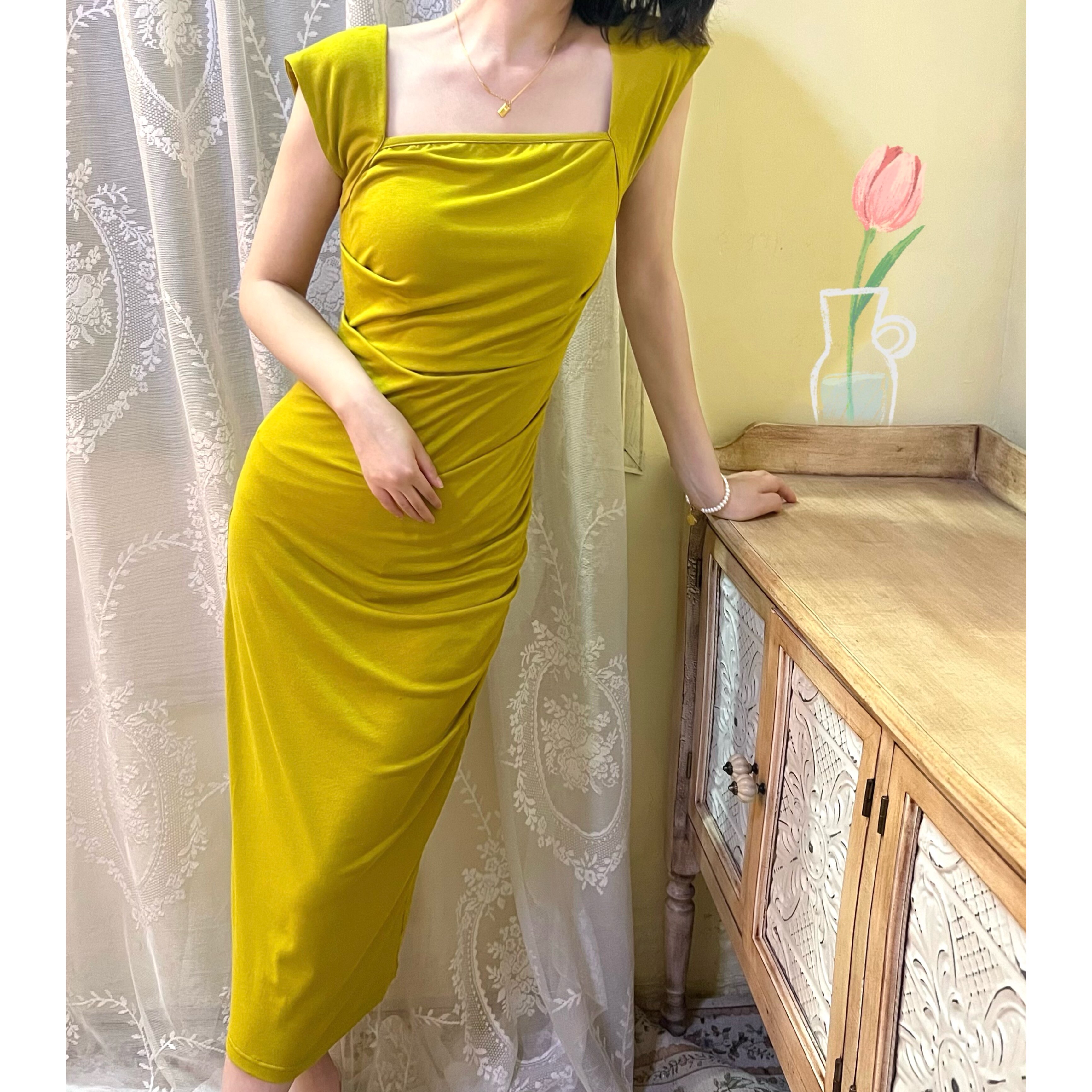 晚时光【秒杀】显白温柔方领褶皱短袖连衣裙 复古女人味显瘦包裙