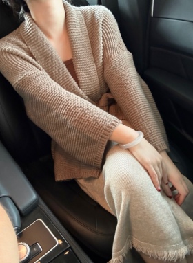 晚时光 8.23 早秋温柔绑带针织开衫毛衣 慵懒风落肩袖宽松外套