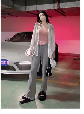 晚时光 秒杀 显高显瘦舒服的休闲长裤灰色高腰长裤裤脚开叉