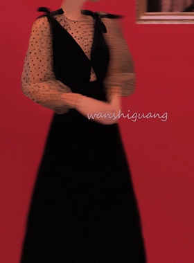 晚时光 【秒杀】小香风丝绒黑色V领系带蝴蝶结连衣裙显瘦气质裙