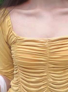 晚时光秒杀 黑色复古方领显瘦长袖中袖Ｔ 黄色 酒红 橘色 紫色