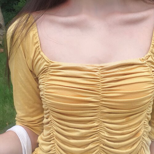 晚时光秒杀 黑色复古方领显瘦长袖中袖Ｔ 黄色 酒红 橘色 紫色