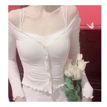 晚时光 秒杀 纯色气质木耳边纽扣短款修身上衣螺纹弹力棉