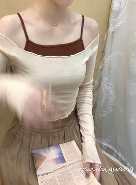 晚时光秒杀 复古温柔米色露肩一字领修身t恤女短款两件套上衣