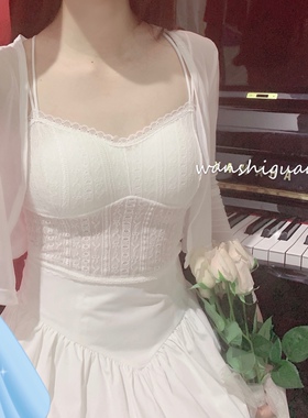 晚时光周年回馈少女背心法式蕾丝无钢圈带胸垫甜美背心白色吊带夏
