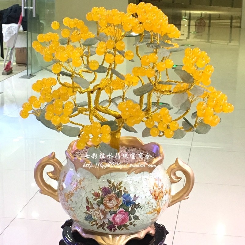 黄玉髓水晶发财树摇钱树平安果搬家开业风水饰品摆件电视柜玄关