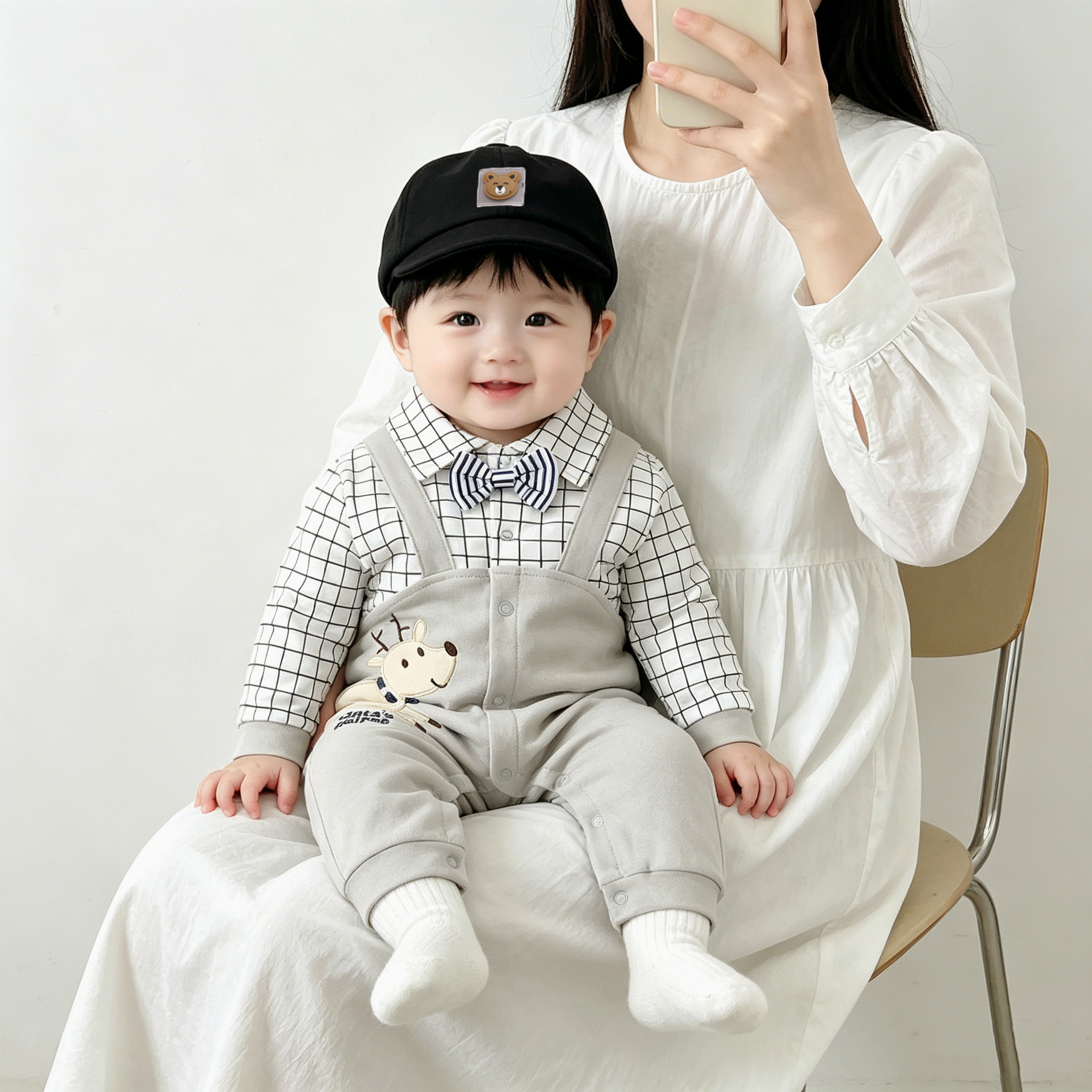 婴儿秋季连体衣假两件背带领结