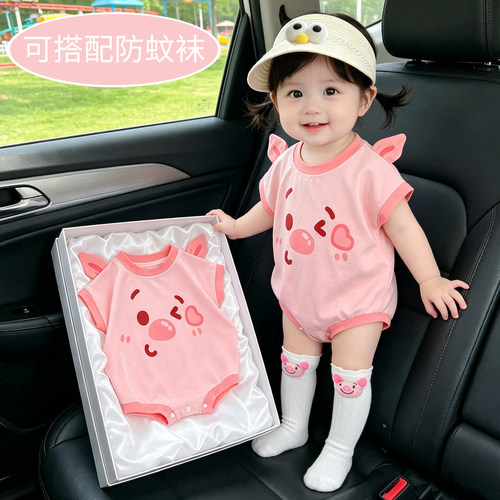 婴儿夏季薄款包屁衣小猪短袖纯棉