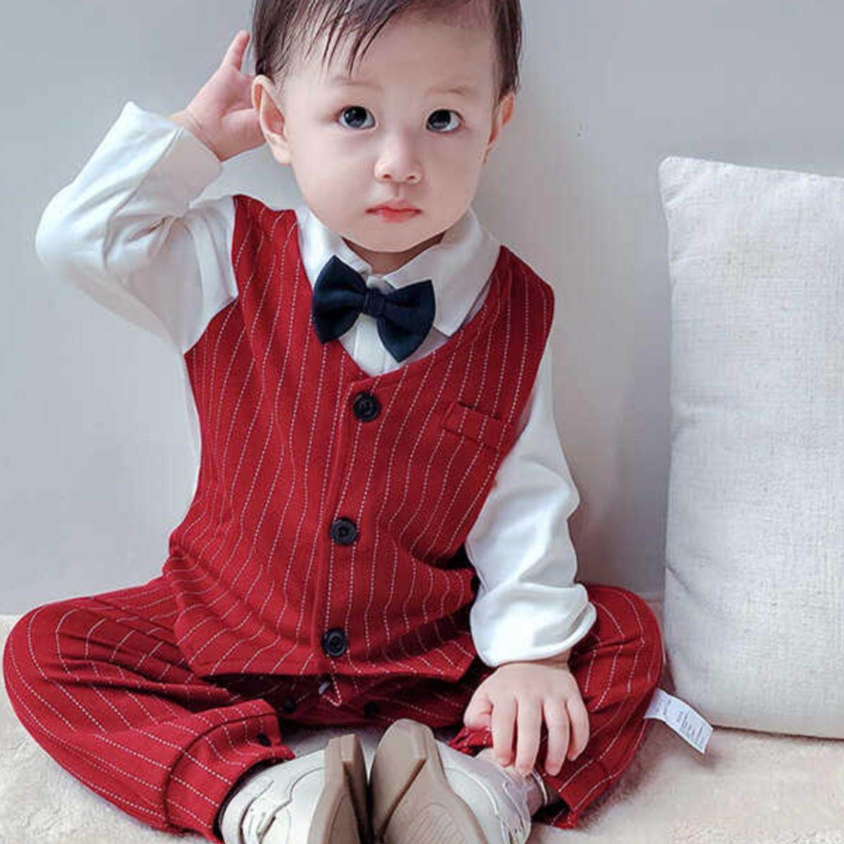 男宝宝连体衣春秋款假两件爬服红色英伦绅士套装婴儿百日周岁礼服