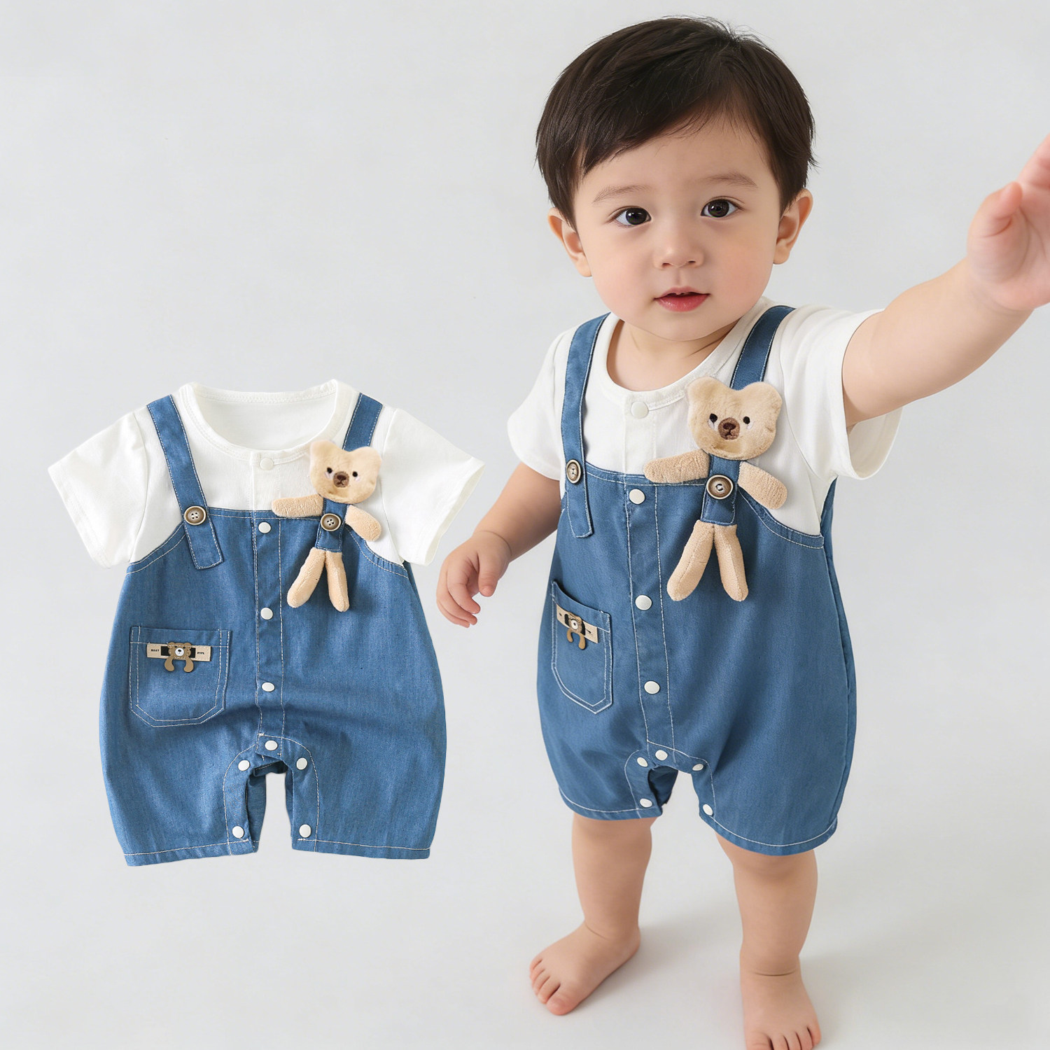 夏季短袖仿牛仔婴儿连体衣薄款卡通小熊哈衣假背带裤男女宝宝爬服
