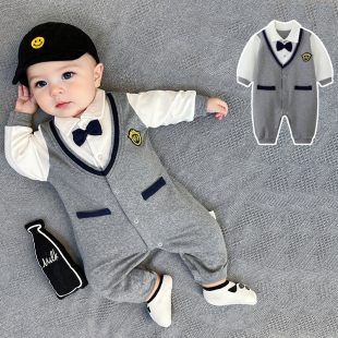 婴儿衣服男宝宝连体衣绅士领结哈衣周岁礼服外出服春秋款长袖爬服
