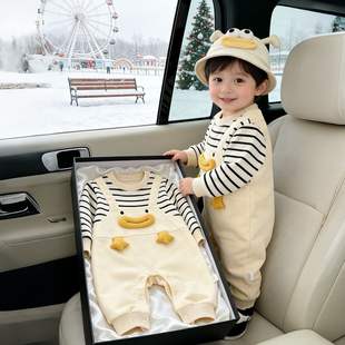 婴儿连体衣春秋可爱卡通哈衣笑脸条纹长袖爬服0-2岁男宝宝外出服