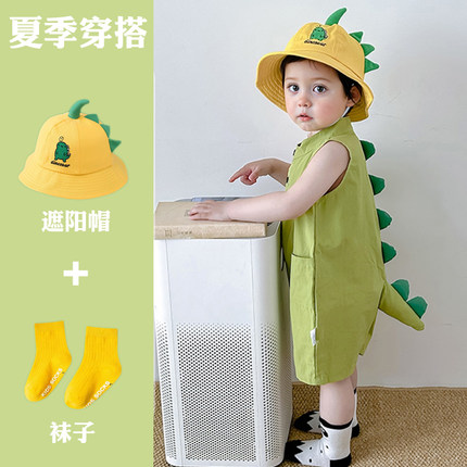 婴儿连体衣夏季多巴胺衣服恐龙无袖背心哈衣男女宝宝超萌外出爬服