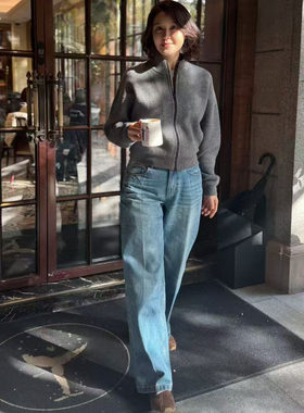 FAMINI水洗牛仔直筒裤复古高腰直筒牛仔裤女九分裤显瘦百搭蓝色