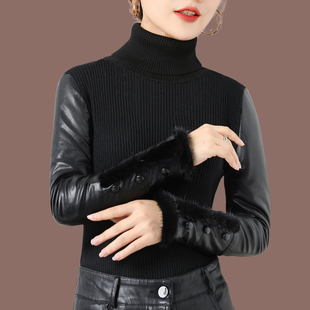 新款 皮袖 黑色内搭女冬季 羽绒棉袖 百搭加绒加厚保暖针织毛衣 打底衫