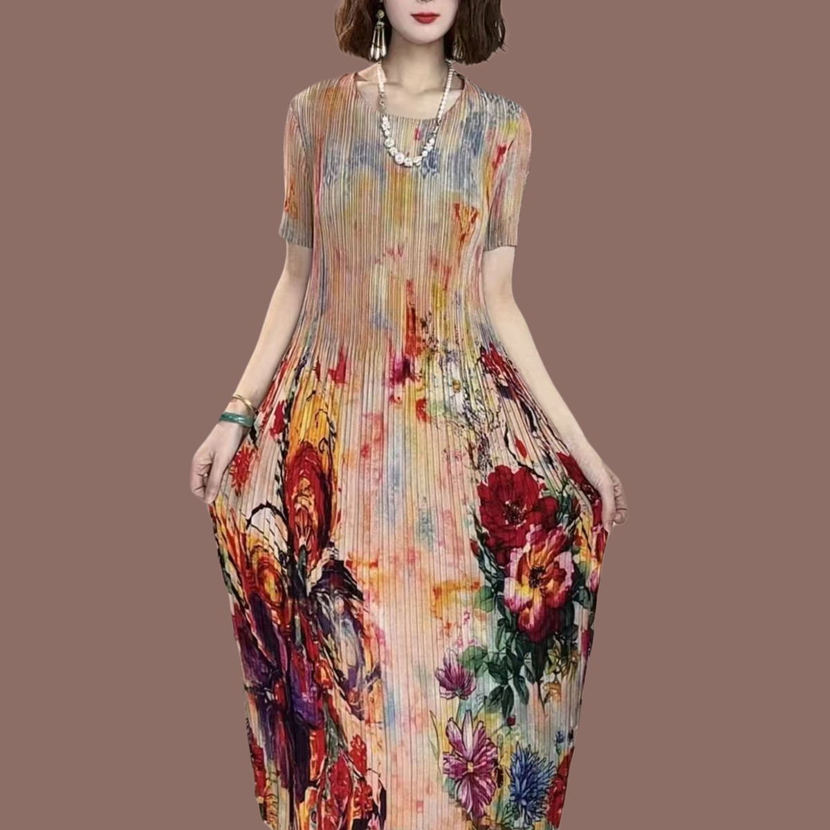 连衣裙褶皱新款气质显瘦高腰韩版彩色中长款洋气时尚短袖百褶裙子